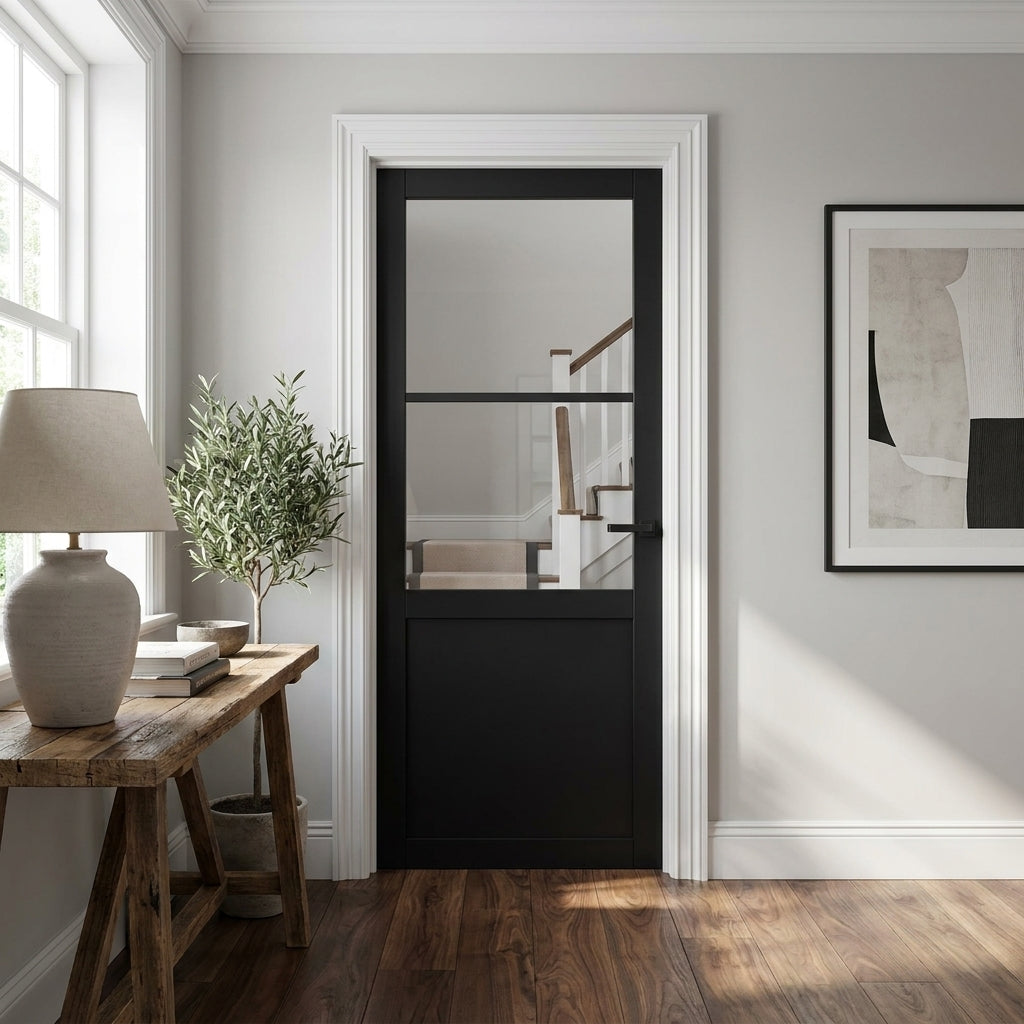 Internal Black Door with 1 Panel and 2 Light Clear Glass, Fully Finished