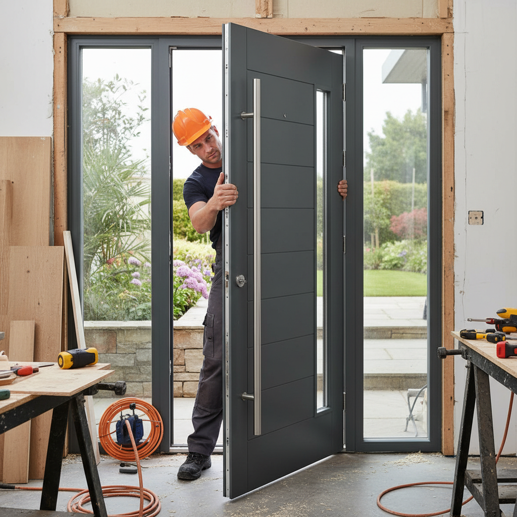 Premium Hardwood External Door with Slim Obscure Glass Panel and 1400mm Pull Handle - Anthracite Grey Finish