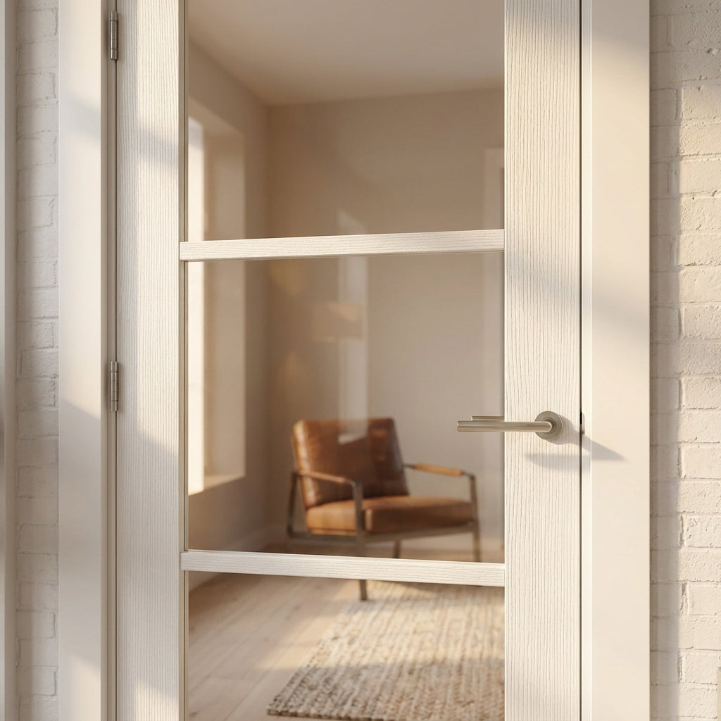 Internal Door with Primed Finish and 3 Light Clear Glass Design - detail view