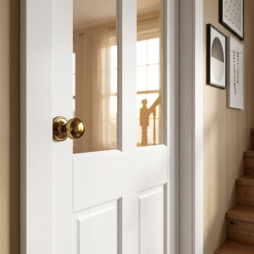 Primed White Internal Victorian Shaker Door with 2 Panels and 2 Clear Glass Lights - detail view
