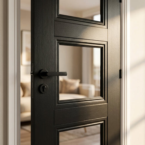 Black Internal Door with 3 Light Clear Glass, Fully Finished, Made to Measure - detail view
