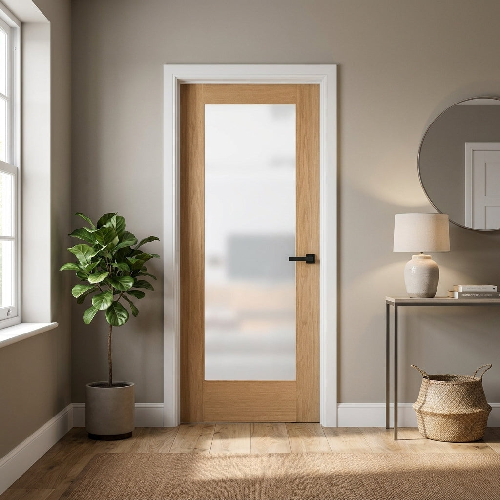 Oak Internal Door Unfinished with Solid Engineered Core and Obscure Glass