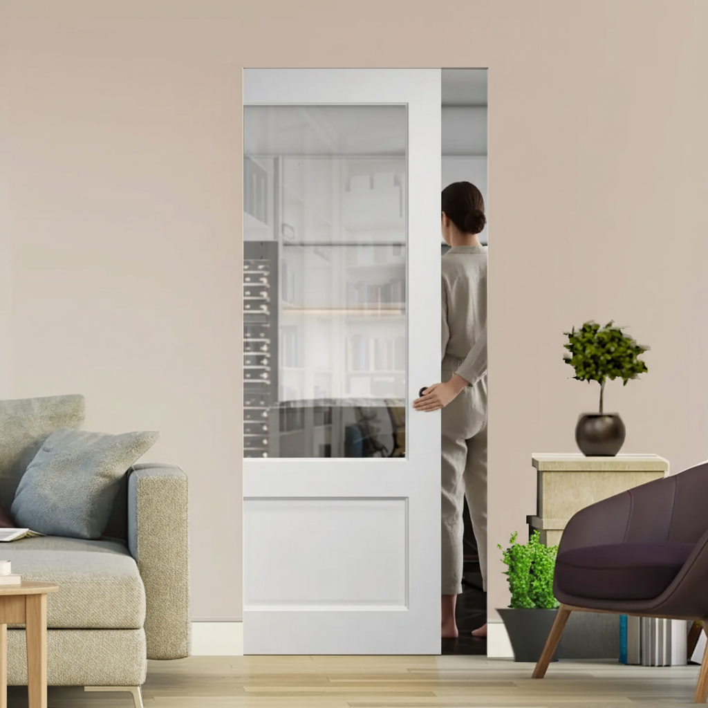 Premium White Glazed Flush Pocket Door Set with Bevel-Cut Glass and No Bottom Track for Space-Saving Design