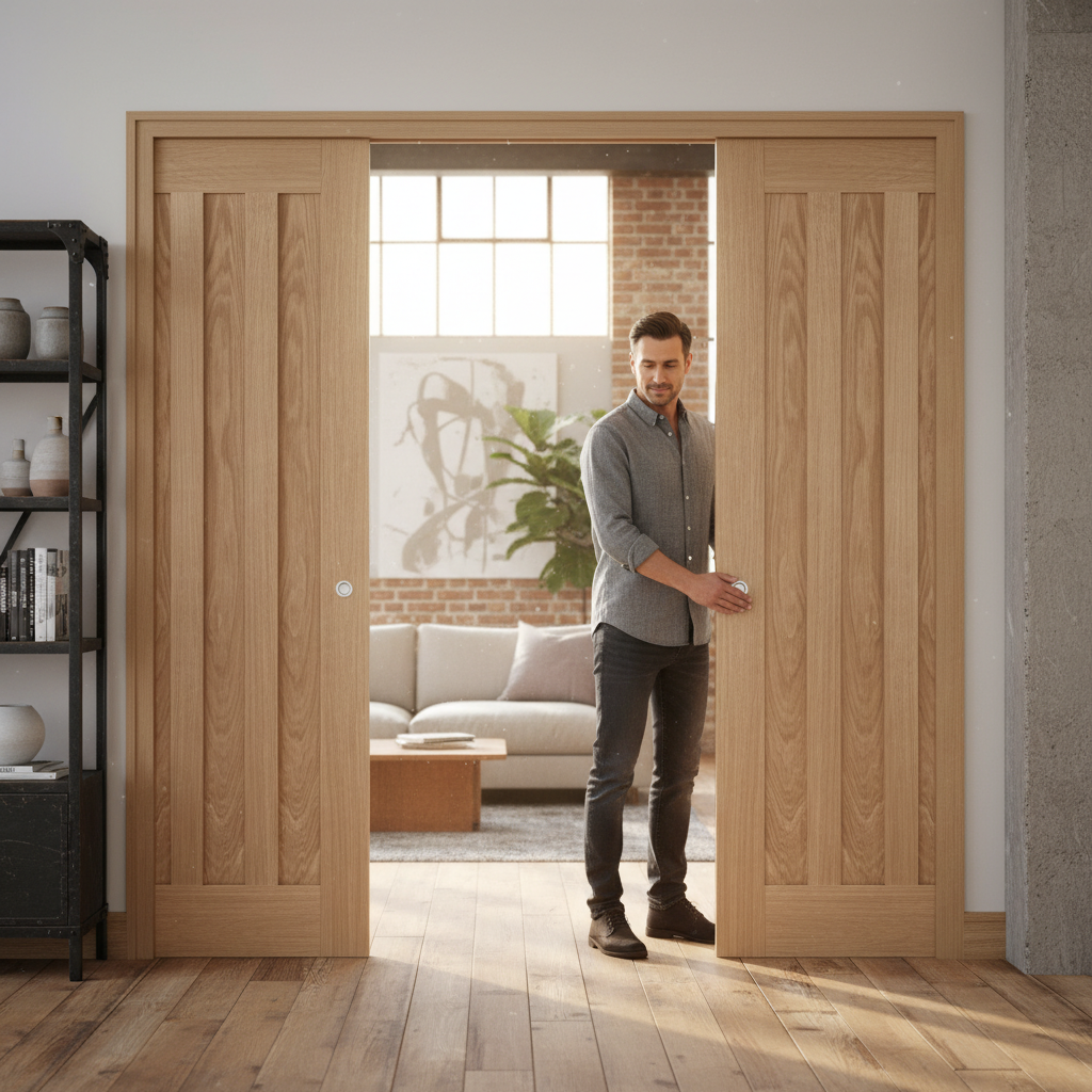 Premium 4 Door Telescopic Pocket Door System with Oak Panels - Space-Saving and Stylish Solution for Modern Homes