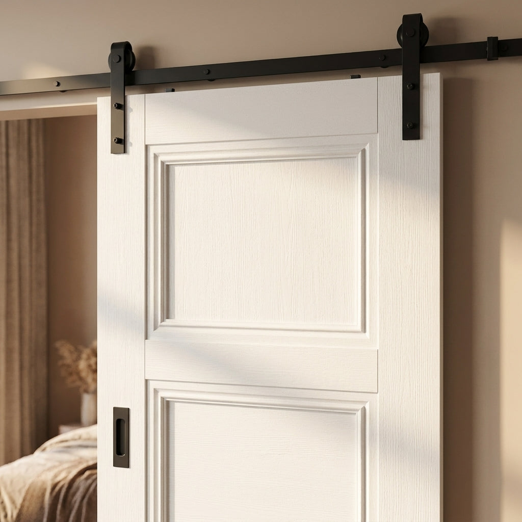 White Internal Sliding Door, Primed Finish, Elegance Ripley Design, Black Face Mounted - detail view