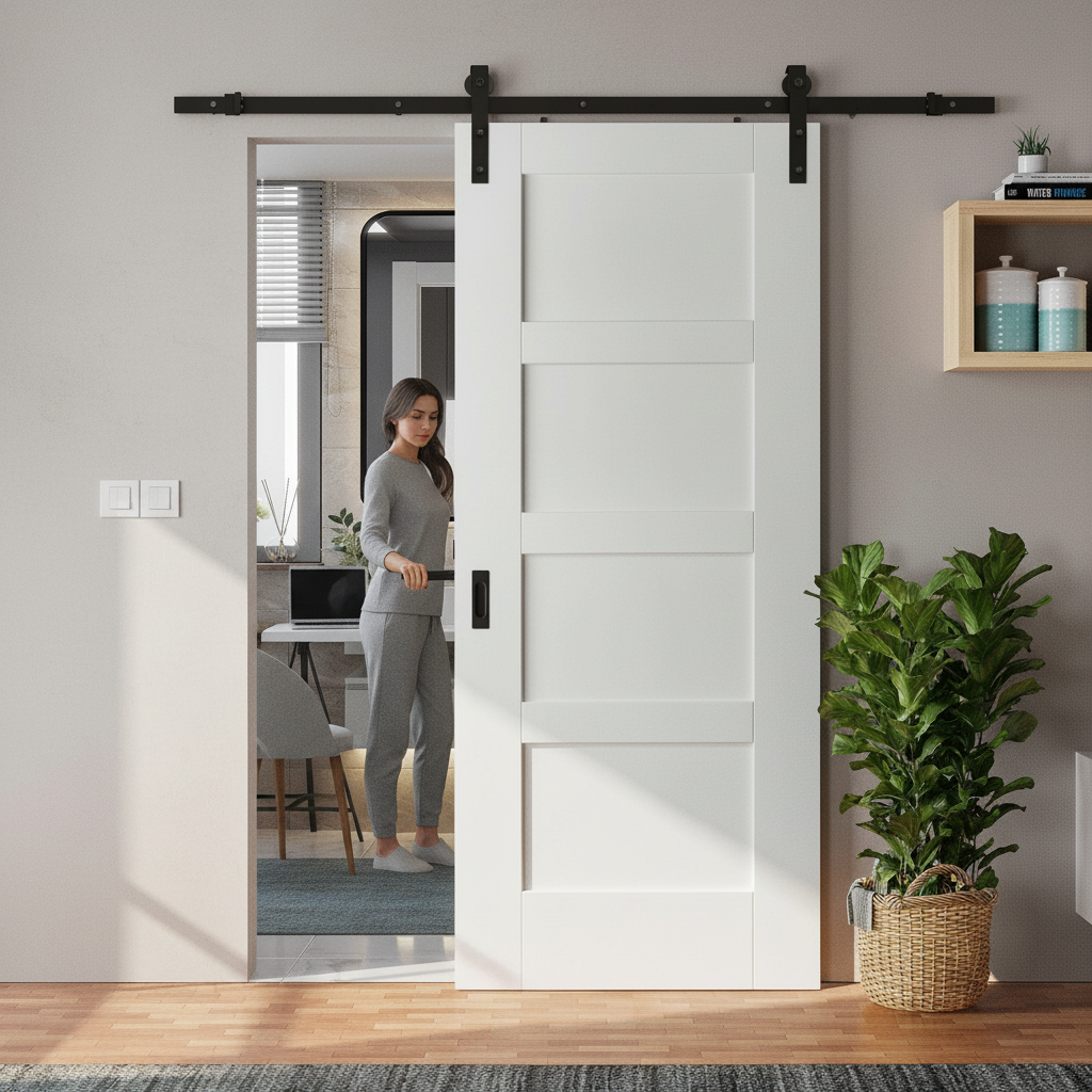 Premium Internal White Primed Shaker 4 Panel Sliding Door Set with Black Steel Track for Space-Saving Installation