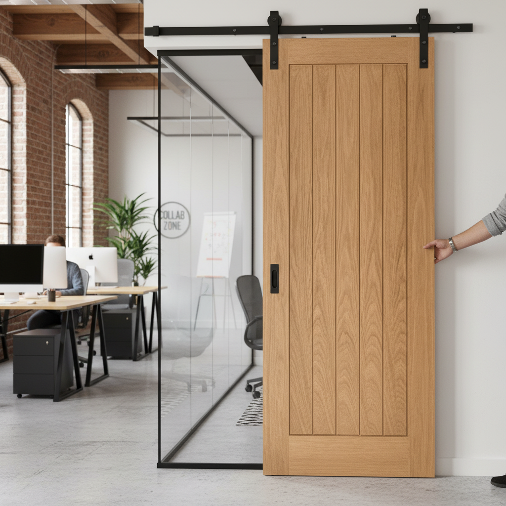 Premium Fully Finished Internal Oak Sliding Door Set with Timeless 5-Panel Design and Contemporary Craftsmanship