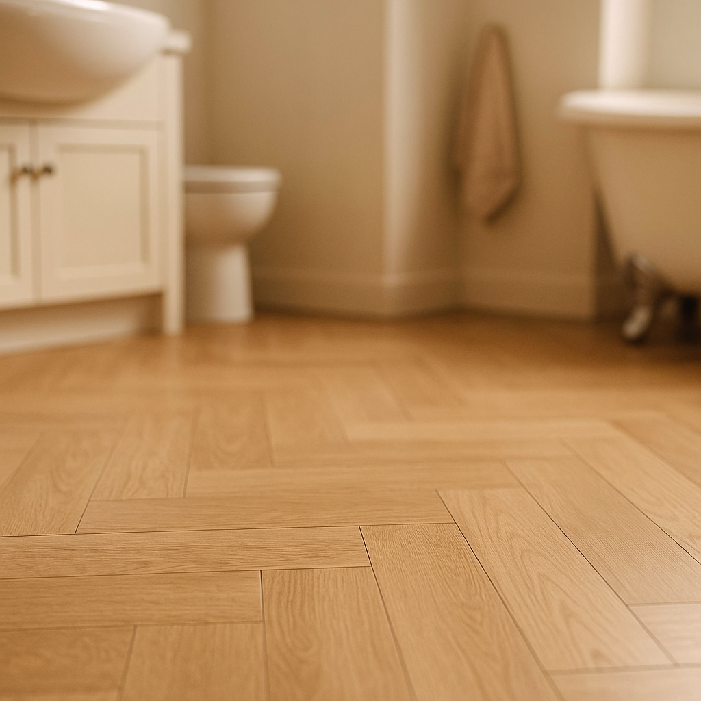 Water-Resistant Herringbone Laminate Flooring in Warm Heritage Oak, 8mm Thickness - detail view