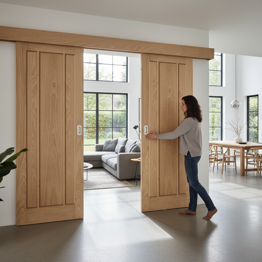 Premium Double Sliding Door System with Oak Doors and Mechanisms for Easy Installation and Maximum Weight Capacity