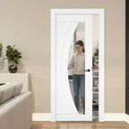 Premium White Glazed Flush Pocket Door Set with Curved Glass Pane and No Bottom Track for Space Saving