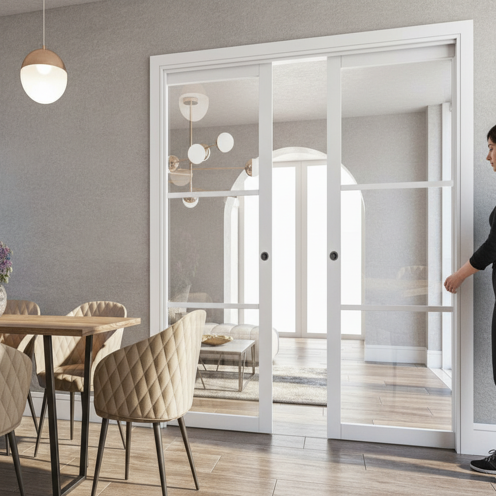 Premium Clear Glazed Double Pocket Door Set with Galvanised Steel Frame, Adjustable Jambs, and Maintenance-Free Track System