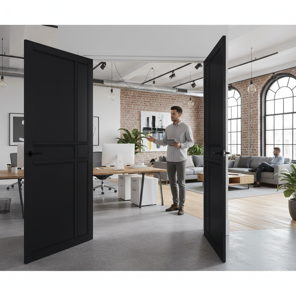 Premium Fully Finished Industrial Style Door Pair - Black MDF Construction with Solid Lock Blocks and Standard Handle Compatibility