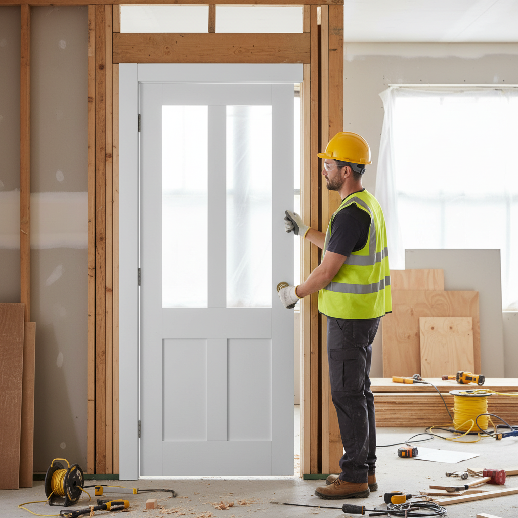 Premium Internal Primed Flat Victorian Shaker Door with 2 Clear Glass Panels and Solid Engineered Core Construction