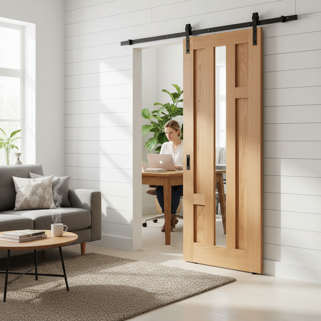 Premium Fully Finished Oak Sliding Door Set with Clear Glass Pane and Modern Black Steel Track System for Elegant Home Decor - Image 2