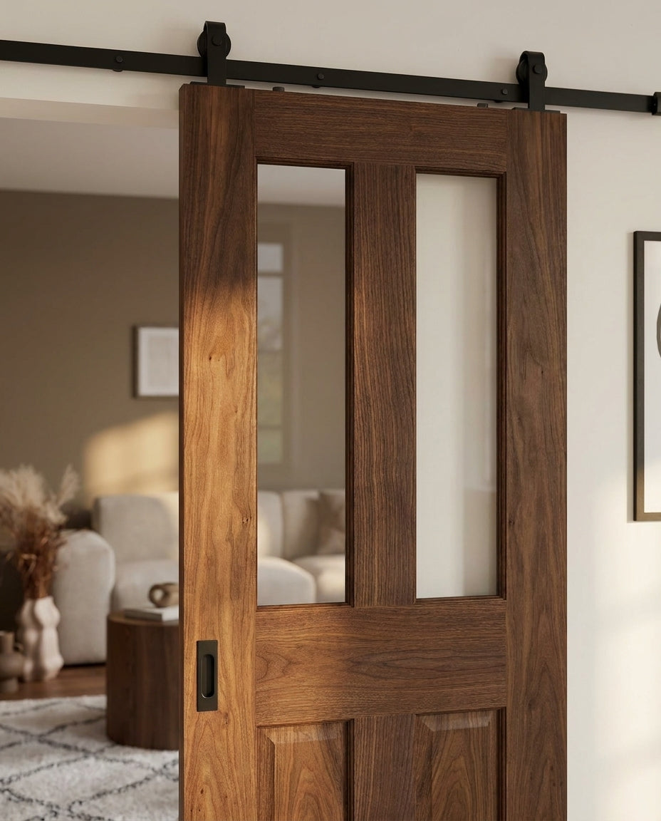 Walnut Internal Sliding Door Fully Finished with 1 Light Toughened Glass - detail view