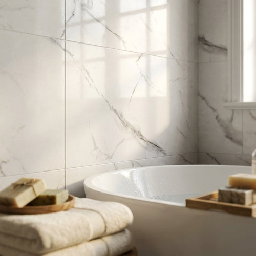 4mm Waterproof Pearl White Marble Wall Panelling - Matt Finish, 778x389mm - detail view