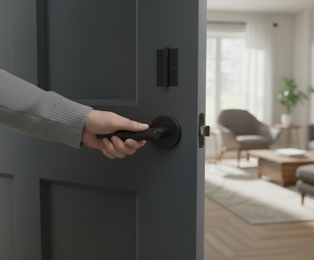Premium Round Rose Lever Door Handle Set in Stylish Black Matt Finish for Modern Interiors - Image 2