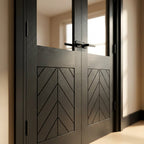 Black Internal Double Door, Fully Finished Oak Chevron with Clear Glass - detail view