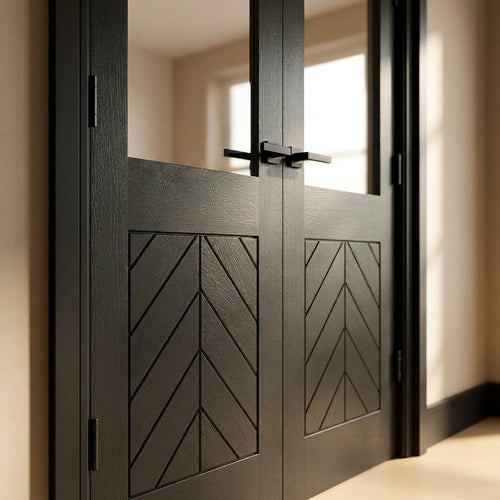 Black Internal Double Door, Fully Finished Oak Chevron with Clear Glass - detail view