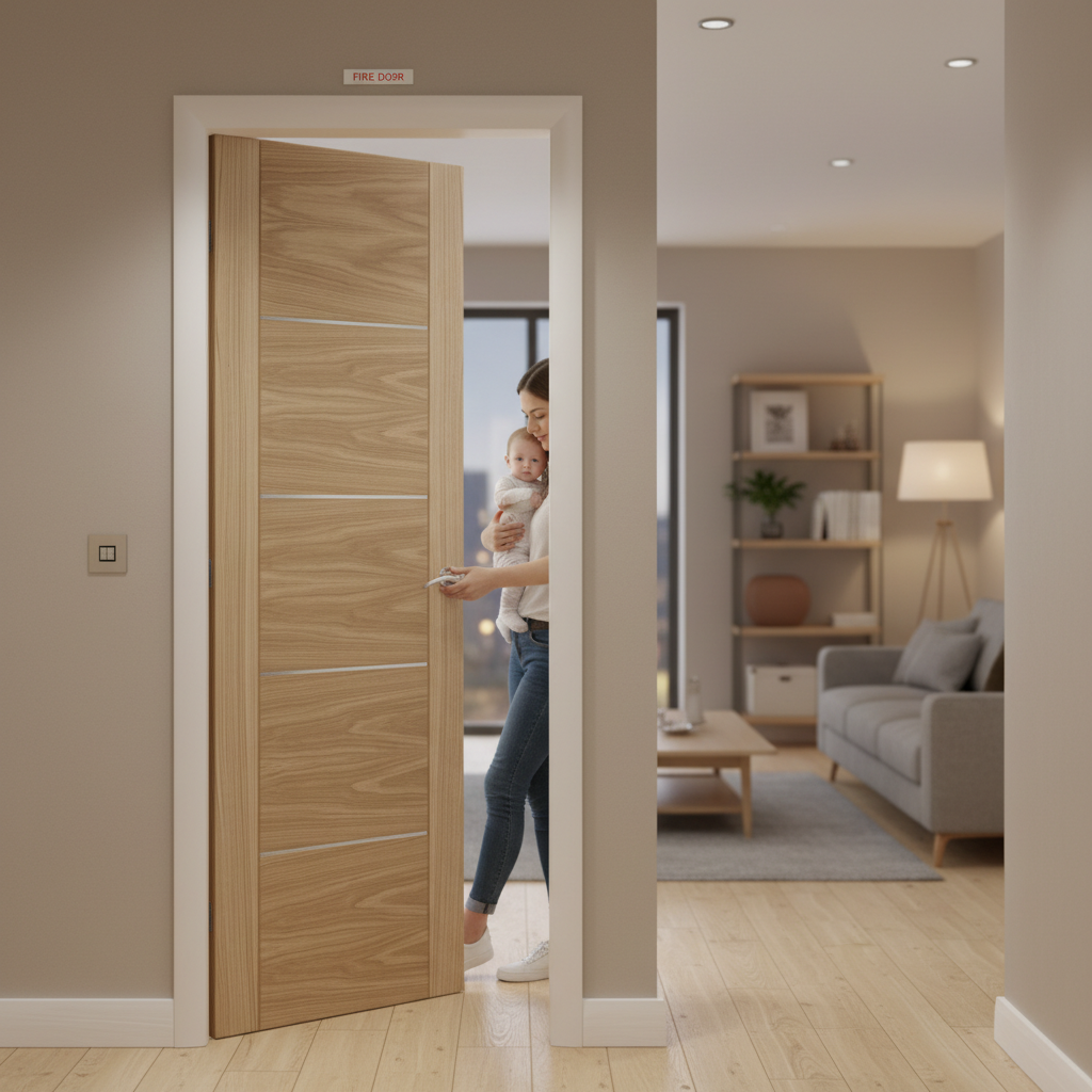 Premium Internal Fully Finished Fire Door with Aluminium Inlays and A-Grade Oak Veneer for Modern Interiors
