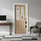 Premium Oak Internal Fully Finished 2 Light Frosted Stained Glass Door with Elegant Mackintosh Design
