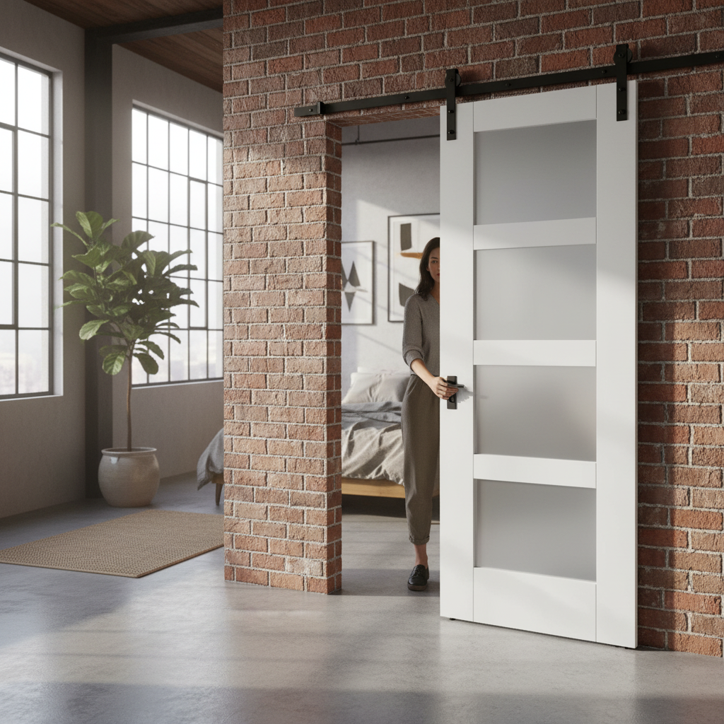 Premium Internal Sliding Door Set with 4 Light Obscure Glass Panels and Black Steel Track - Stylish and Space-Saving Design