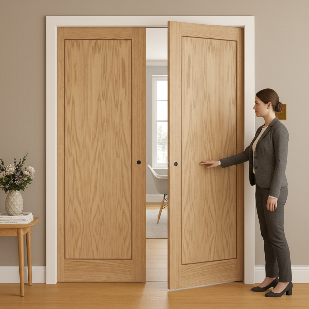 Premium Contemporary Oak Inlay 1P Double Pocket Door Set with Galvanized Steel Frame and Adjustable Jambs for Modern Spaces