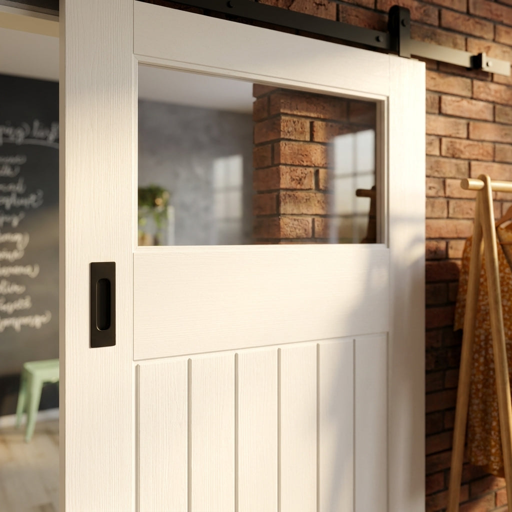 Internal White Sliding Cottage Door with 1 Light Clear Glass, Primed Finish - detail view