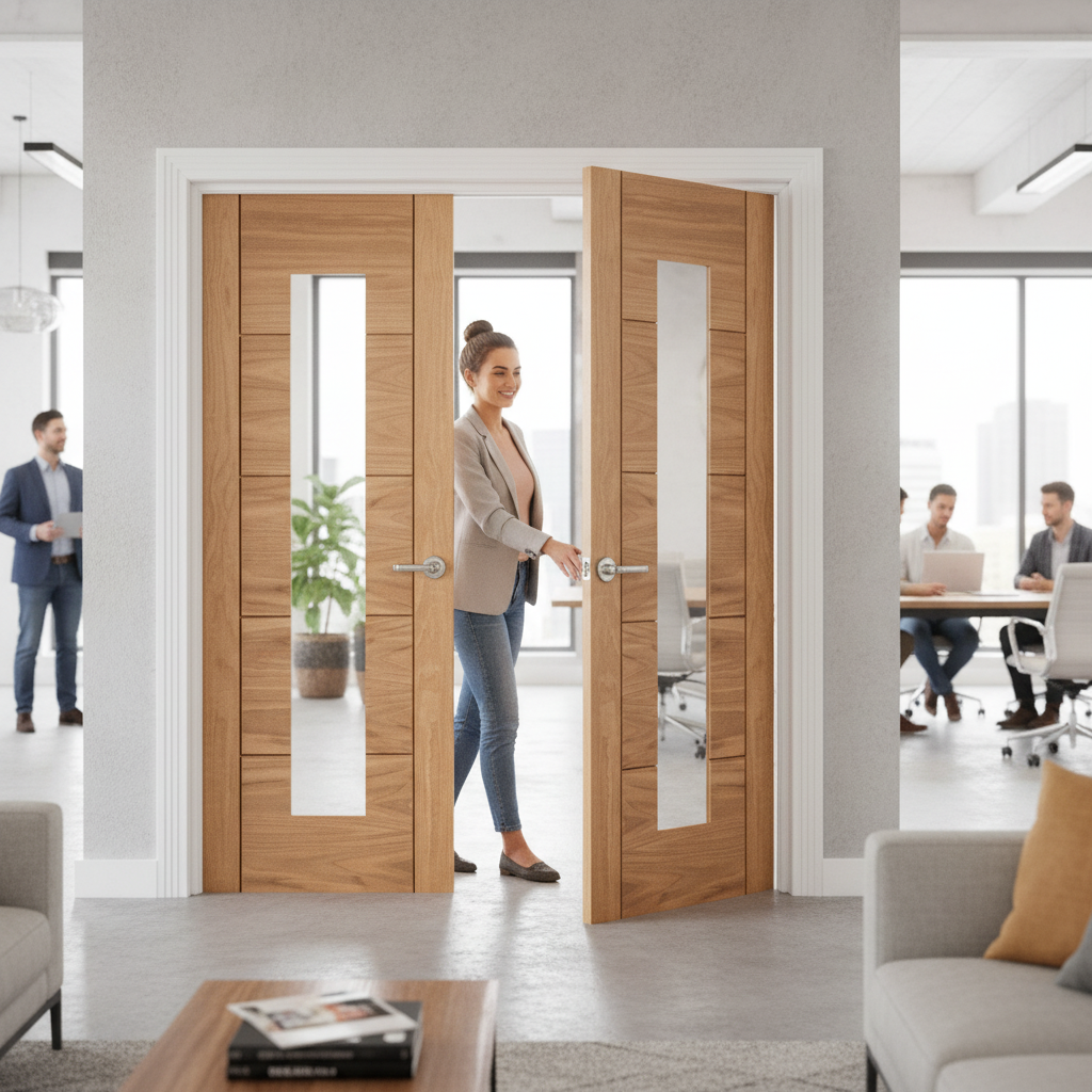 Unfinished Oak Internal Door Pair with Glazed Panel, 35mm Thickness for Custom Finishing and Natural Light Enhancement -...