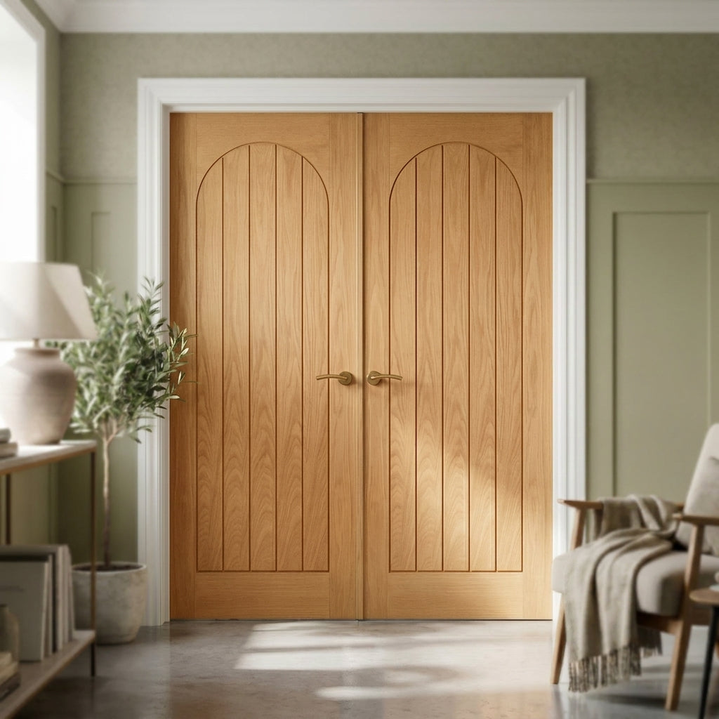 Internal Oak Double Door Fully Finished Farley Arched Square Top - detail view
