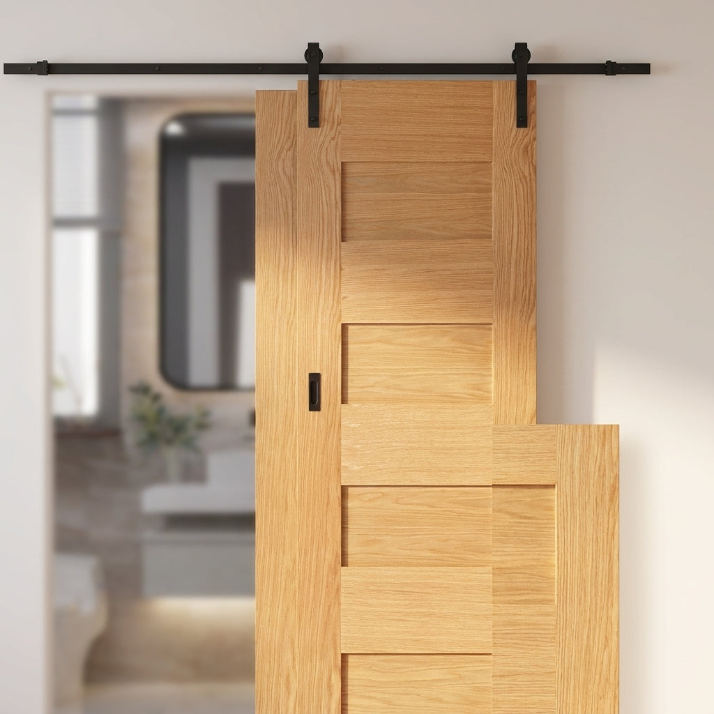 Internal Oak Sliding Door, Fully Finished, Edison 7 Panel, Black Top Mounted - detail view
