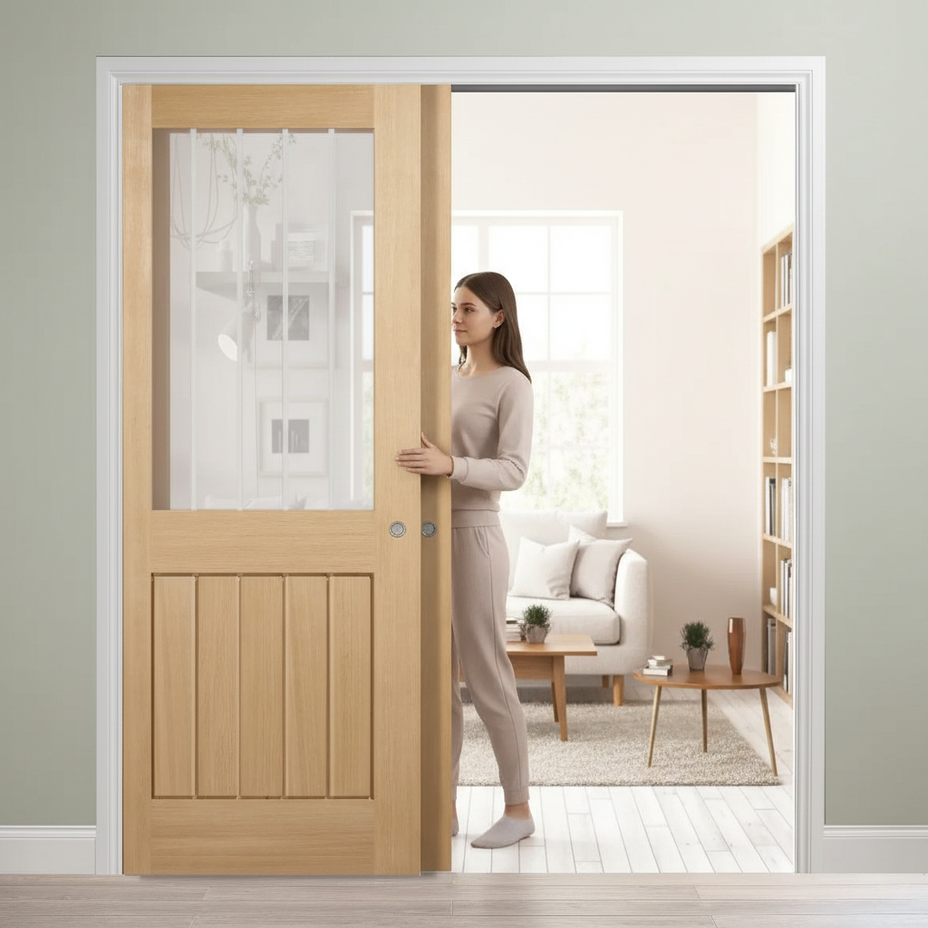 Premium Telescopic Pocket Door System with Glazed Panel for Modern Spaces - High-Quality Professional Grade for Industrial and Commercial Applications