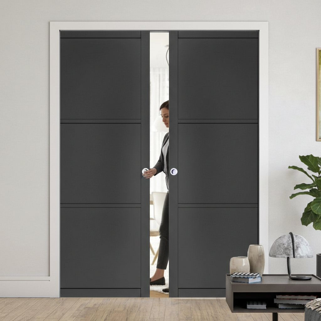 Premium 3 Panel Double Pocket Door Set with Galvanised Steel Frame and Adjustable Jambs for Seamless Interior Design