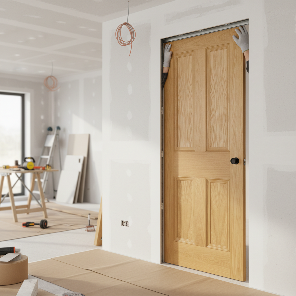 Premium Oak Flush Pocket Door Set with Bevelled Panels and Space-Saving Design - High-Quality Professional Grade for Industrial and Commercial Appl...