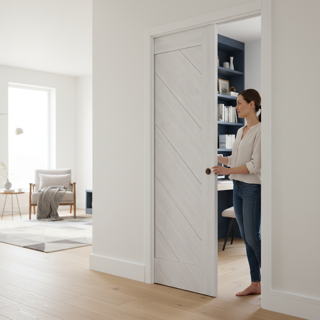 Premium Flush Pocket Door Set with Diagonal Pattern, No Bottom Track, and 15-Year Guarantee for Modern Spaces