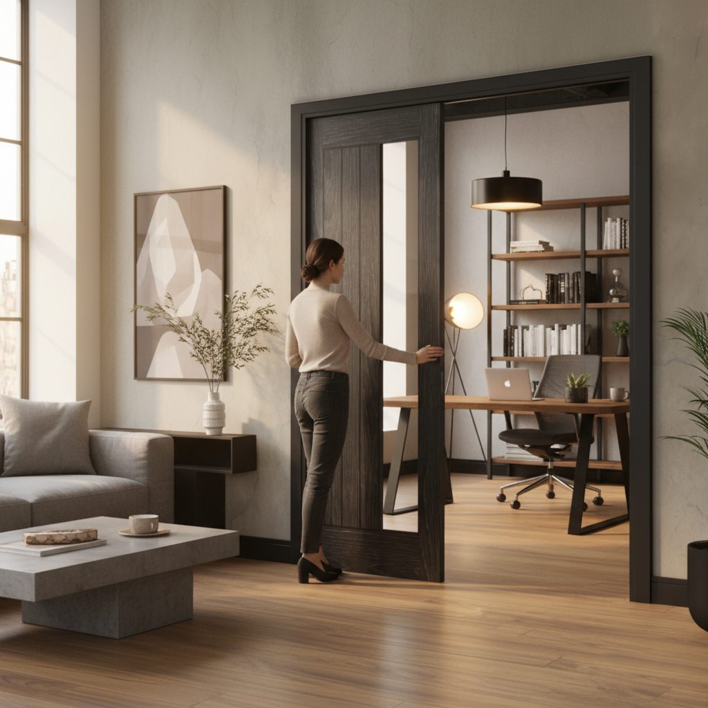 Premium Clear Glazed Double Pocket Door Set with Brushed Black Finish and Galvanised Steel Frame - Ideal for Any Space