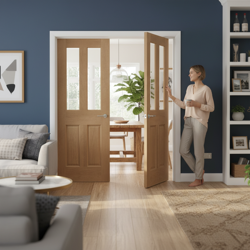 Premium Custom Stained Clear Glazed French Doors with A-Grade Oak Veneer and Engineered Construction for Strength and Style