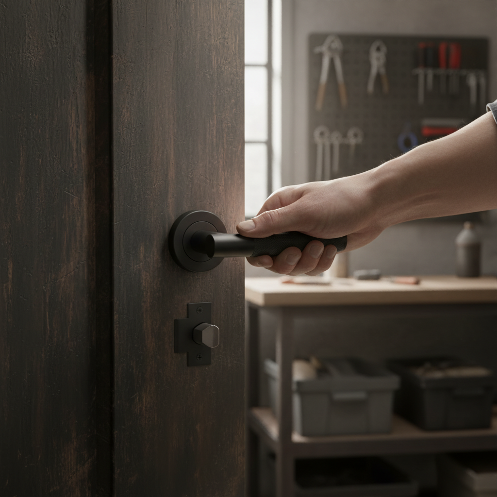 Premium Knurled Round Rose Lever Door Handle Set - Ergonomic Matt Black Finish with Enhanced Grip and Secure Locking Mechanism