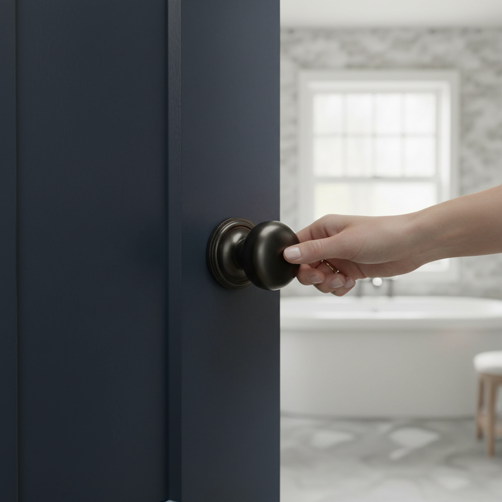 Mortice Bathroom Door Knob Set with Gun Metal Finish, Stylish Mushroom Design, Secure Lock and Ball Bearing Hinges - Image 2
