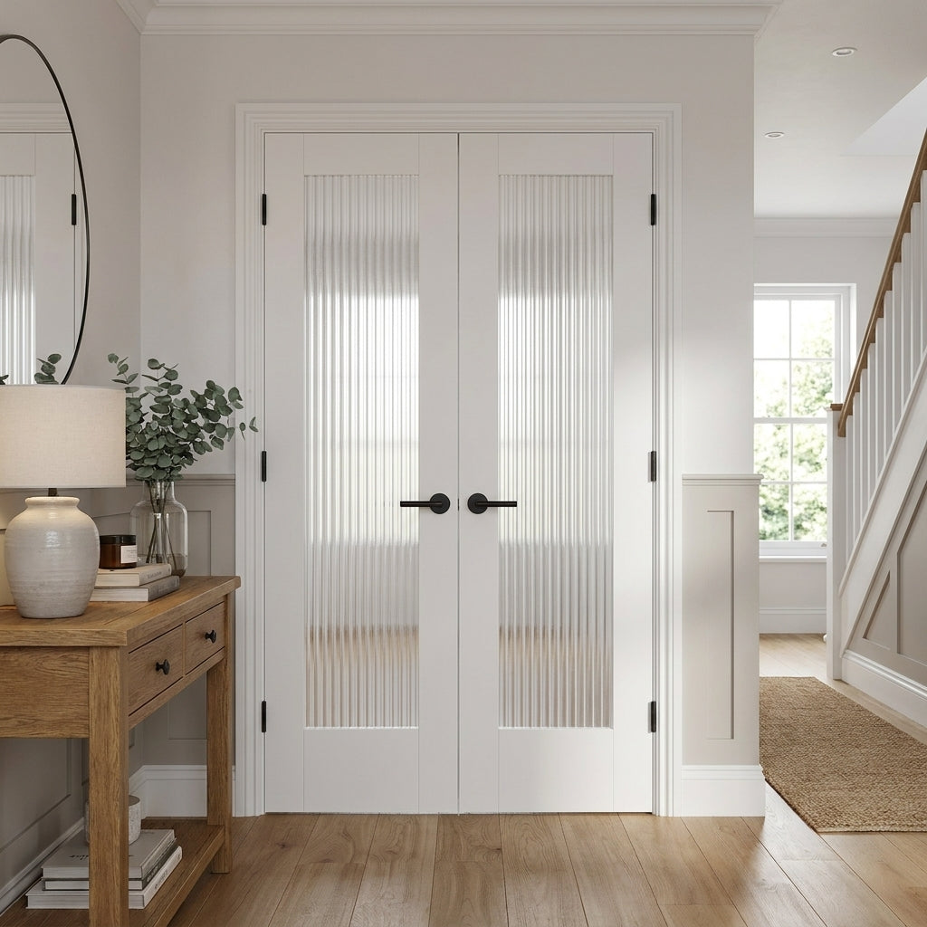Internal White Double Door with 1 Light Reeded Glass, Primed Finish