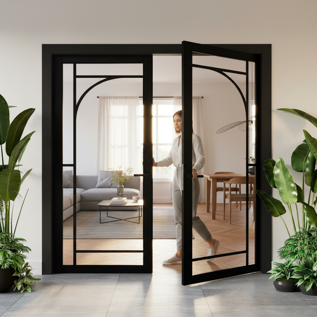 Internal Fully Finished 12 Light Arch Industrial Studio Pair Door with Clear Toughened Safety Glass - Image 2