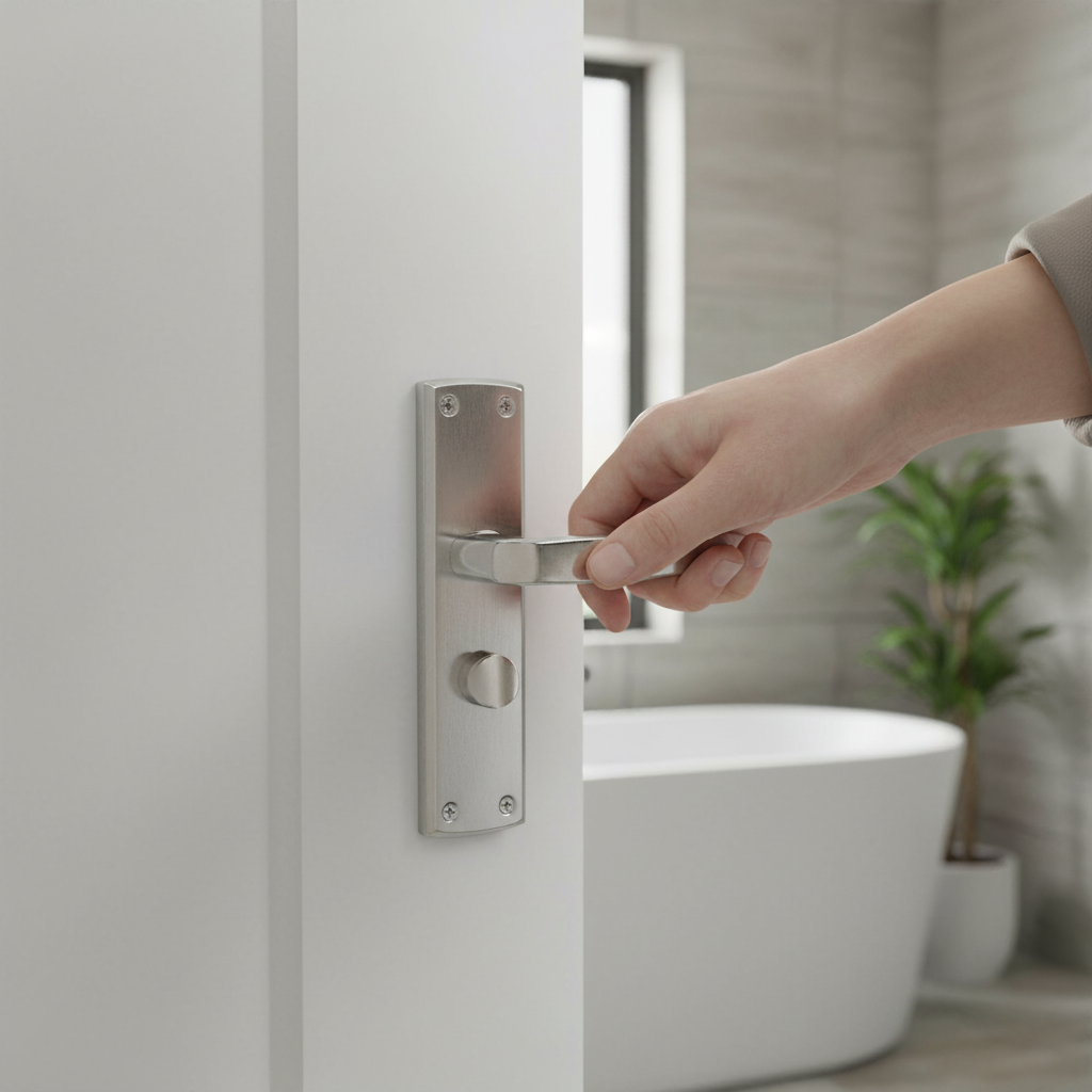 Two-Tone Bathroom Door Handle Set with Polished and Satin Chrome Finish and Privacy Lock Functionality - Image 2