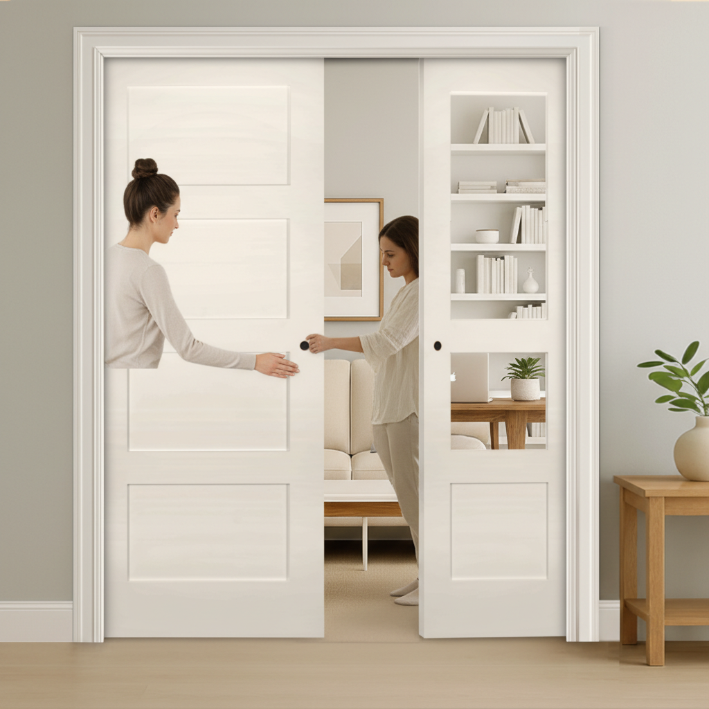 Premium White Double Pocket Door Set with Galvanised Steel Frame and Versatile 4-Panel Design for Efficient Space Management