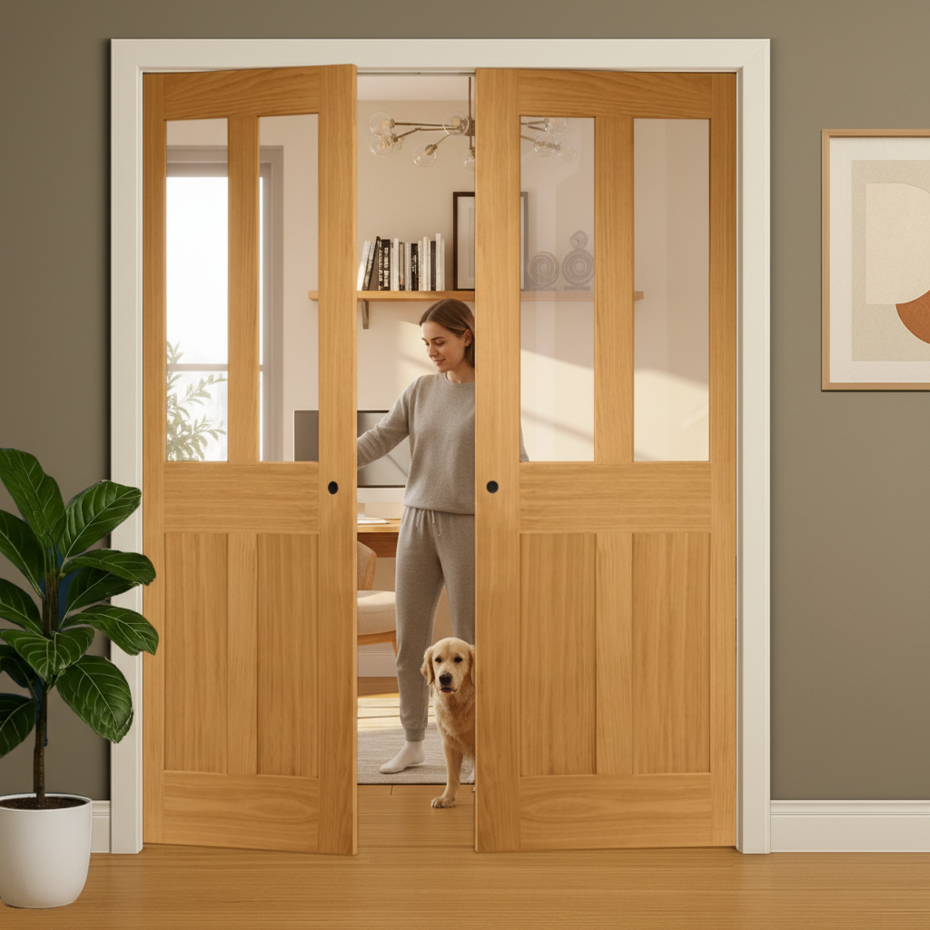 Premium Clear Glazed Double Pocket Door Set with Oak Veneer and Galvanised Steel Frame for Modern Interiors