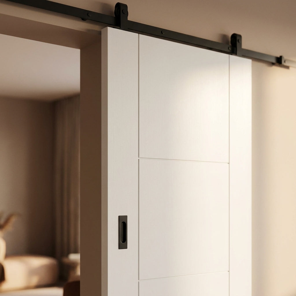 Internal White Primed Sliding Door with 3 Panels and Black Top Mount - detail view