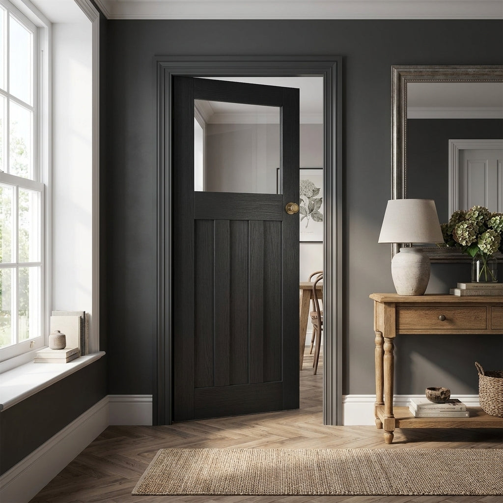 Internal Black Oak Door with Clear Glass, Fully Finished, Solid Core