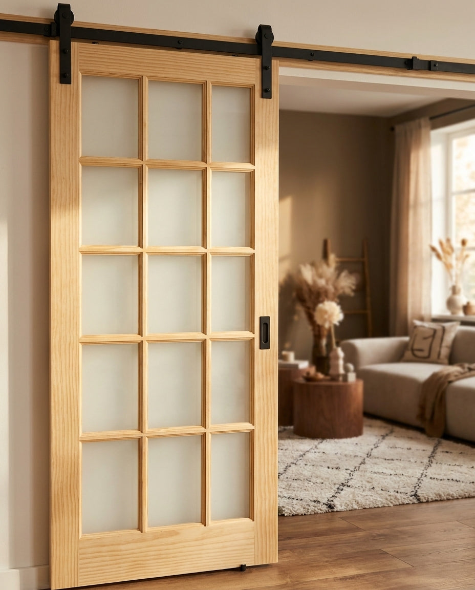 15 Light Clear Glass Sliding Internal Pine Door, Unfinished, Solid Core - detail view