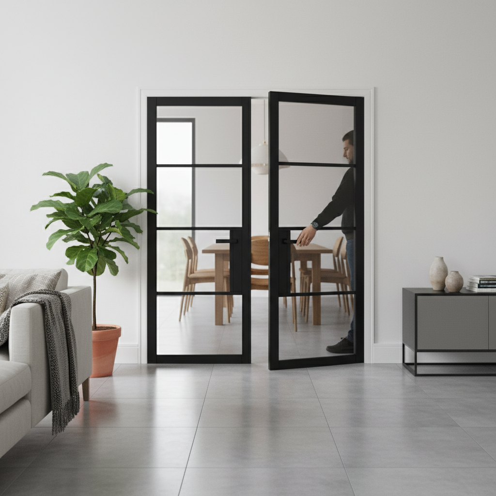 Premium Industrial Style 4L Internal Door Pair with Tinted Safety Glass - Prefinished Black, Solid Engineered Core
