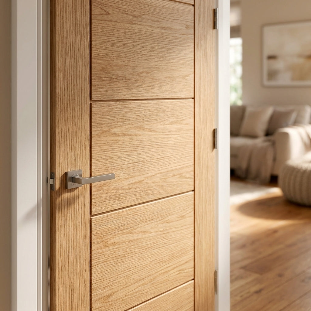 Internal Oak FD30 Fire Door, Unfinished, Parma 5 Panel Design - detail view