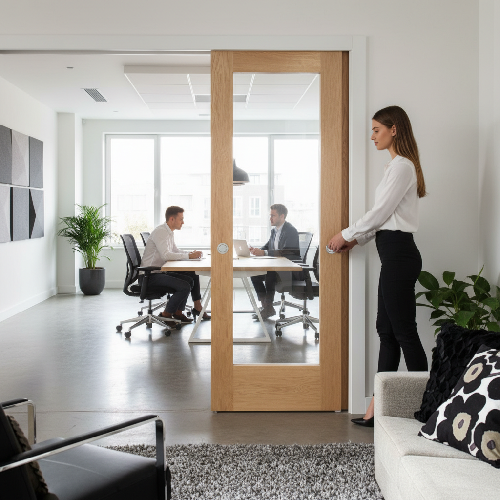 Premium Clear Glazed Flush Pocket Door Set with No Bottom Track and Space-Saving Design for Modern and Traditional Interiors